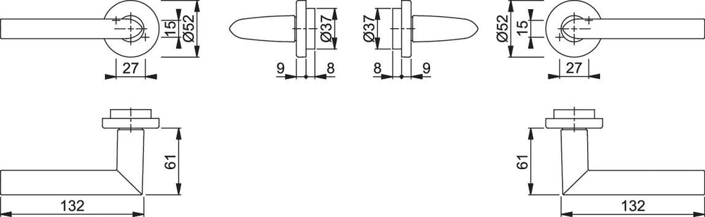 Dörrhandtag Hoppe Stockholm till ytterdörr - Teknisk ritning med mått