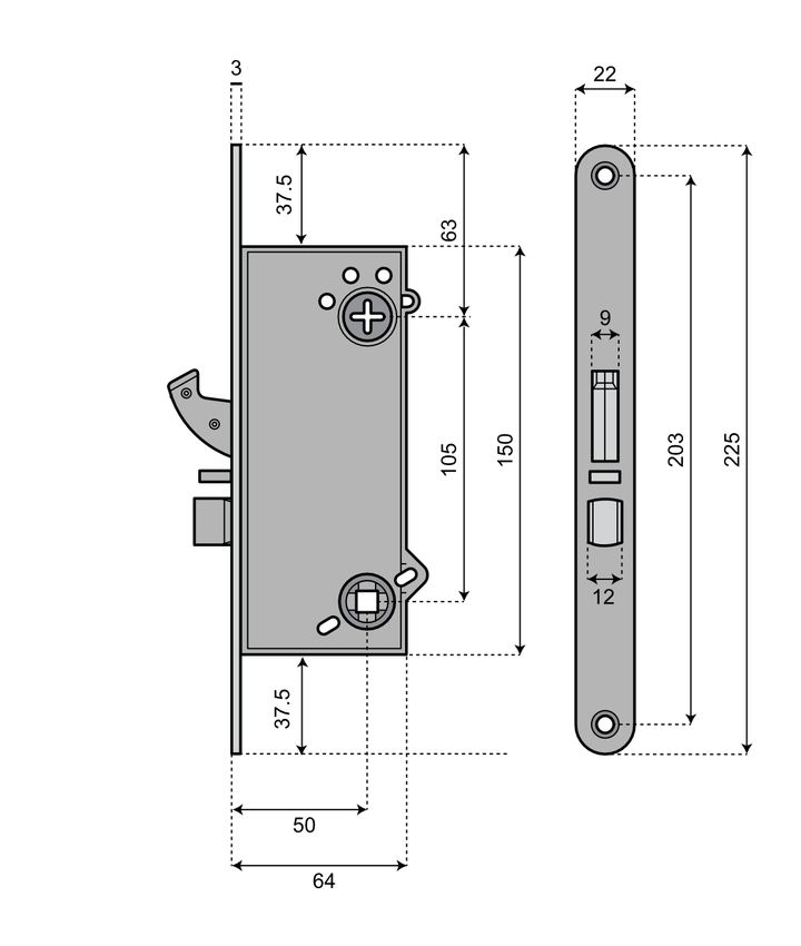 Låshus med hakregel dormakaba 1418- Teknisk ritning med mått