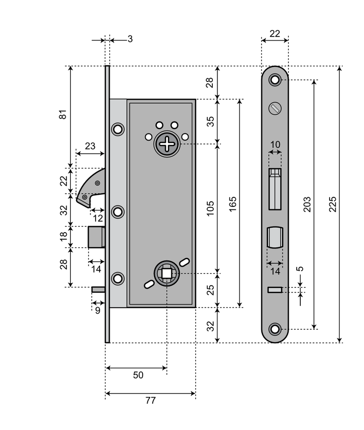 Smart digitalt låshus dormakaba dKey MTL 9291 - Teknisk ritning med mått