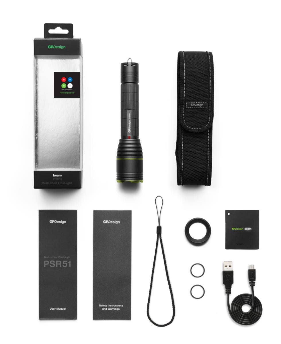 Uppladdningsbar ficklampa GP Design PSR51 för professionella användare - Förpackningsinnehåll