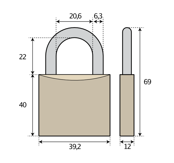 Hänglås ABUS 713/40 - Teknisk ritning med mått