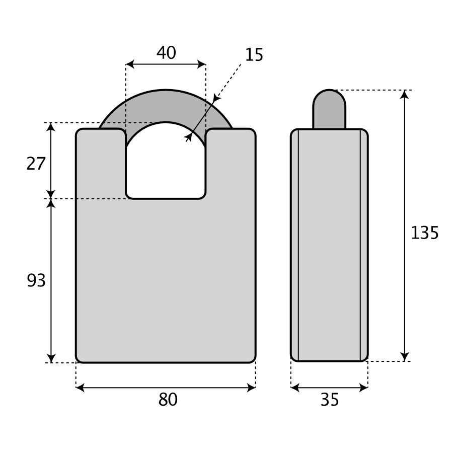 Hänglås Anchor 590-6 i Klass 5 - Teknisk ritning med mått