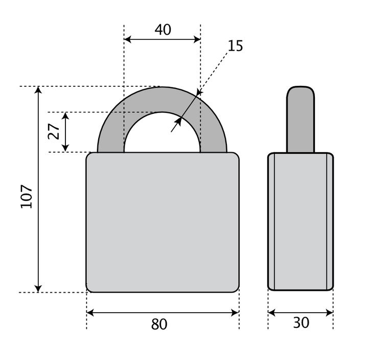 Hänglås Anchor 840-4 HB27 - Teknisk ritning med mått
