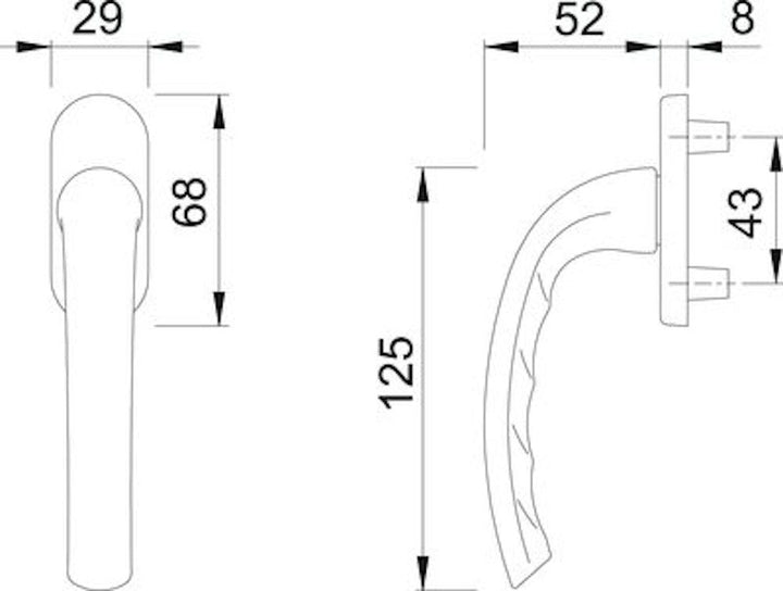 Fönsterhandtag Hoppe Tokyo 0710RH/66N - Teknisk ritning med mått