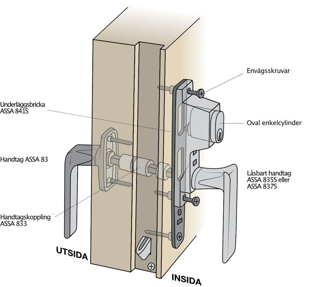 Låsbart handtag ASSA 835-S med 70 mm sprint till fönster, balkong- och altandörr