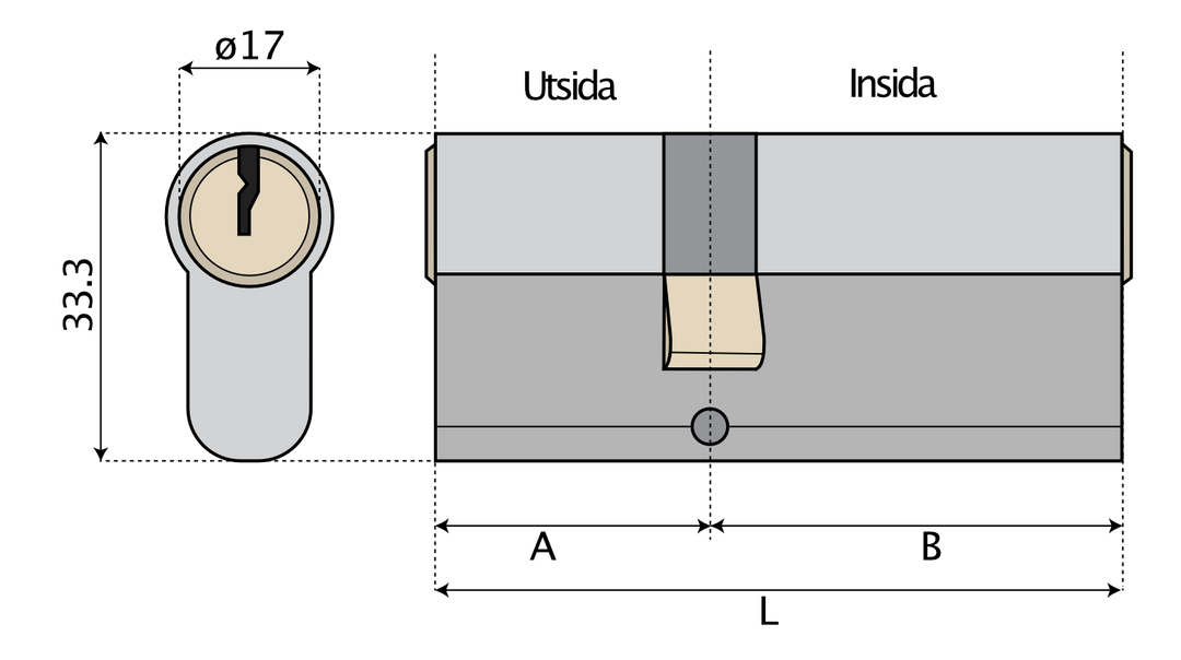 Eurocylinder ASSA 12M22 dubbelcylinder med ASSA d12 låsning - Teknisk ritning med mått