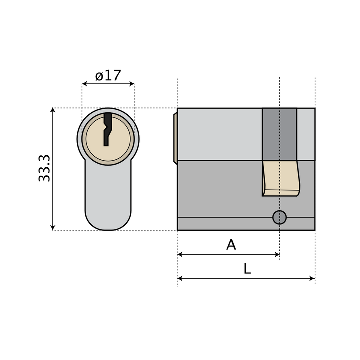 Eurocylinder ASSA 12M23 enkelcylinder med ASSA d12 låsning - Teknisk ritning med mått