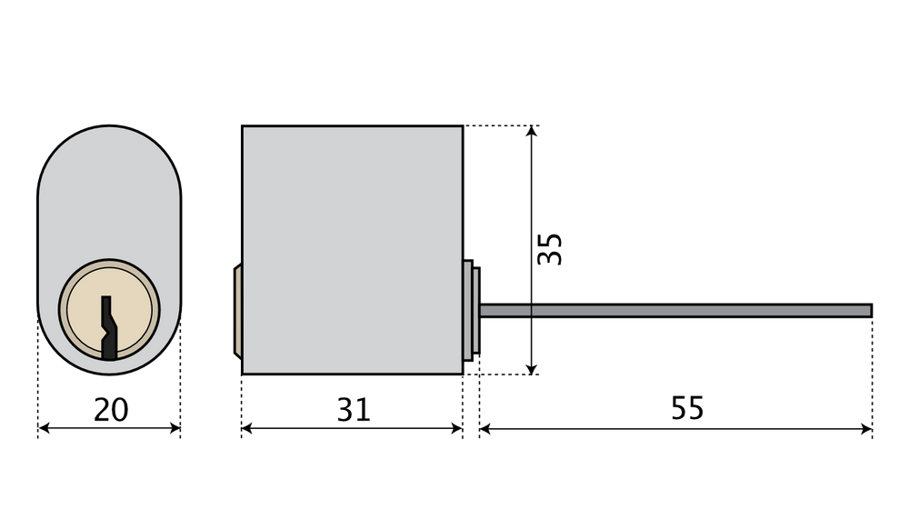 Oval enkelcylinder ASSA d12 1207 med lång medbringare - Teknisk ritning med mått