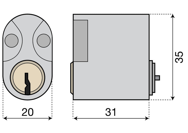 Oval enkelcylinder till insidan med spanjolett ASSA 709 - Ritning med mått