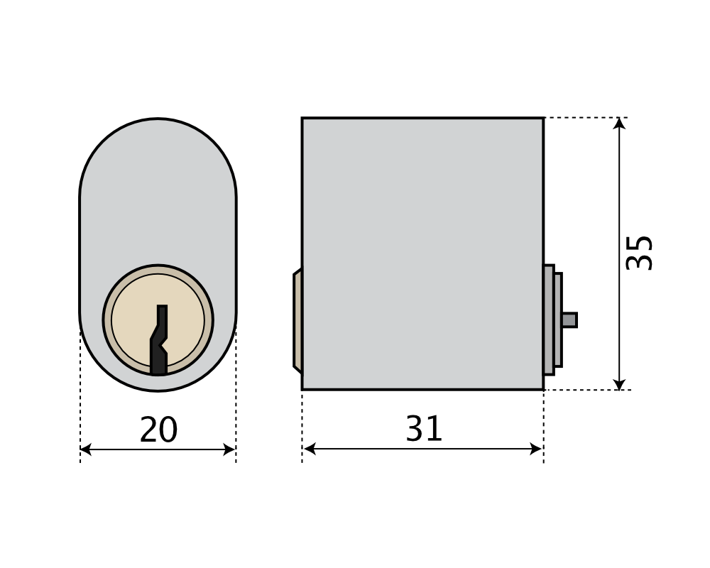 Oval enkelcylinder ASSA Basic 1301 utan kopieringsskydd - Teknisk ritning med mått