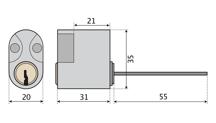 Oval enkelcylinder till insidan DORMA DC521 med lång medbringare - Teknisk ritning med mått