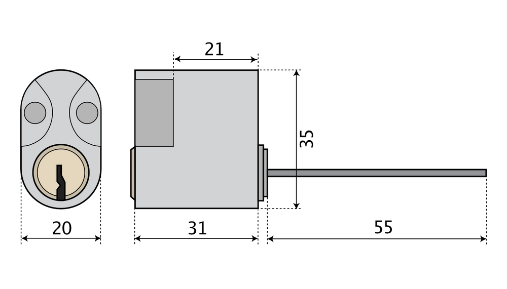 Oval rokoko låscylinder med lång medbringare ASSA Basic 1309 - Utan kopieringsskydd - Teknisk ritning med mått