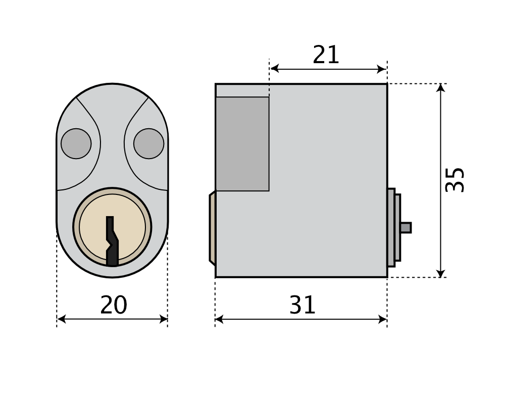 Oval enkelcylinder till insidan DOrMA DC520 - Teknisk ritning med mått