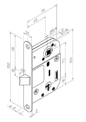 Låshus till innerdörr ASSA 2020 Gul - Ritning,Låshus till innerdörr ASSA 2020 Gul 