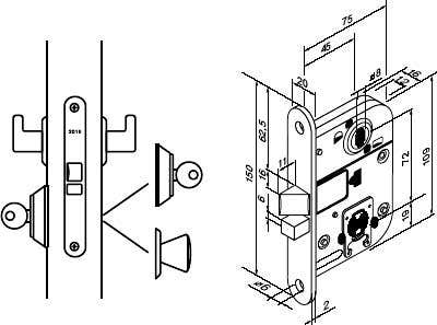 Låshus till innerdörr ABLOY 2016 - Teknisk ritning med mått