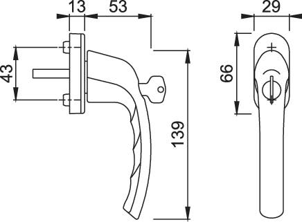 Låsbart fönsterhandtag HOPPE Tokyo 0710S/U26 Rakt Silver - Teknisk ritning med mått