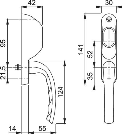 Låsbart handtag till fönster / altandörr HOPPE Tôkyô 1710RH/93S - Rakt - Silver - Ritning med mått