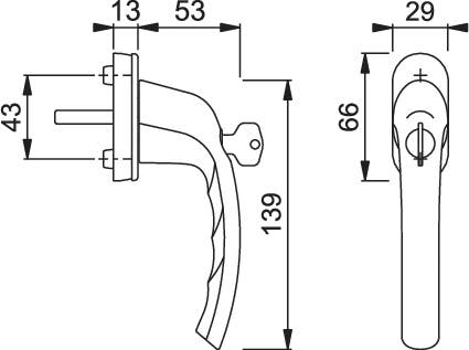 Låsbart TBT fönsterhandtag HOPPE Tokyo 0710S/U26 - Teknisk ritning med mått