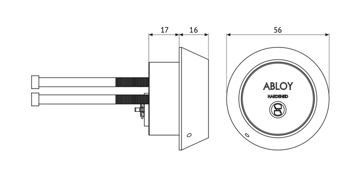 Rund säkerhetscylinder ABLOY CY203T - Teknisk ritning med mått