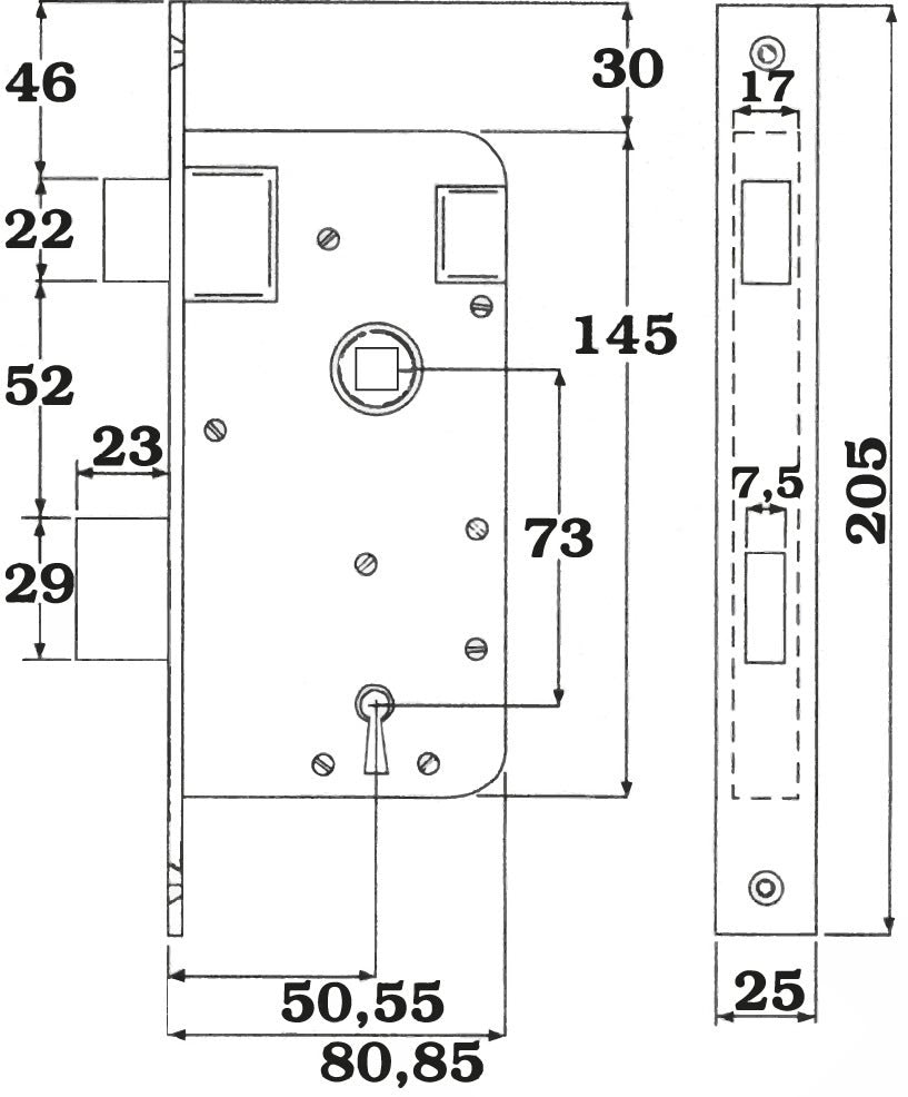 Låshus till Innerdörr ASSA 40C-80 / ASSA 40C-85 - Teknisk ritning med mått