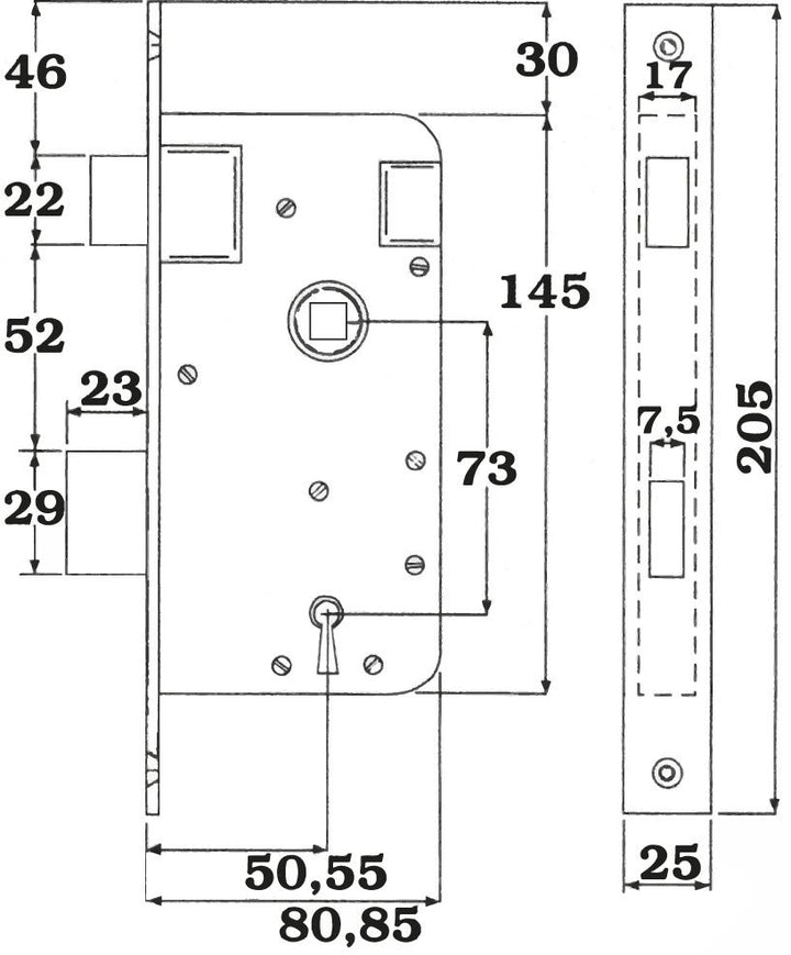 Låshus till Innerdörr ASSA 40C-80 / ASSA 40C-85 - Teknisk ritning med mått
