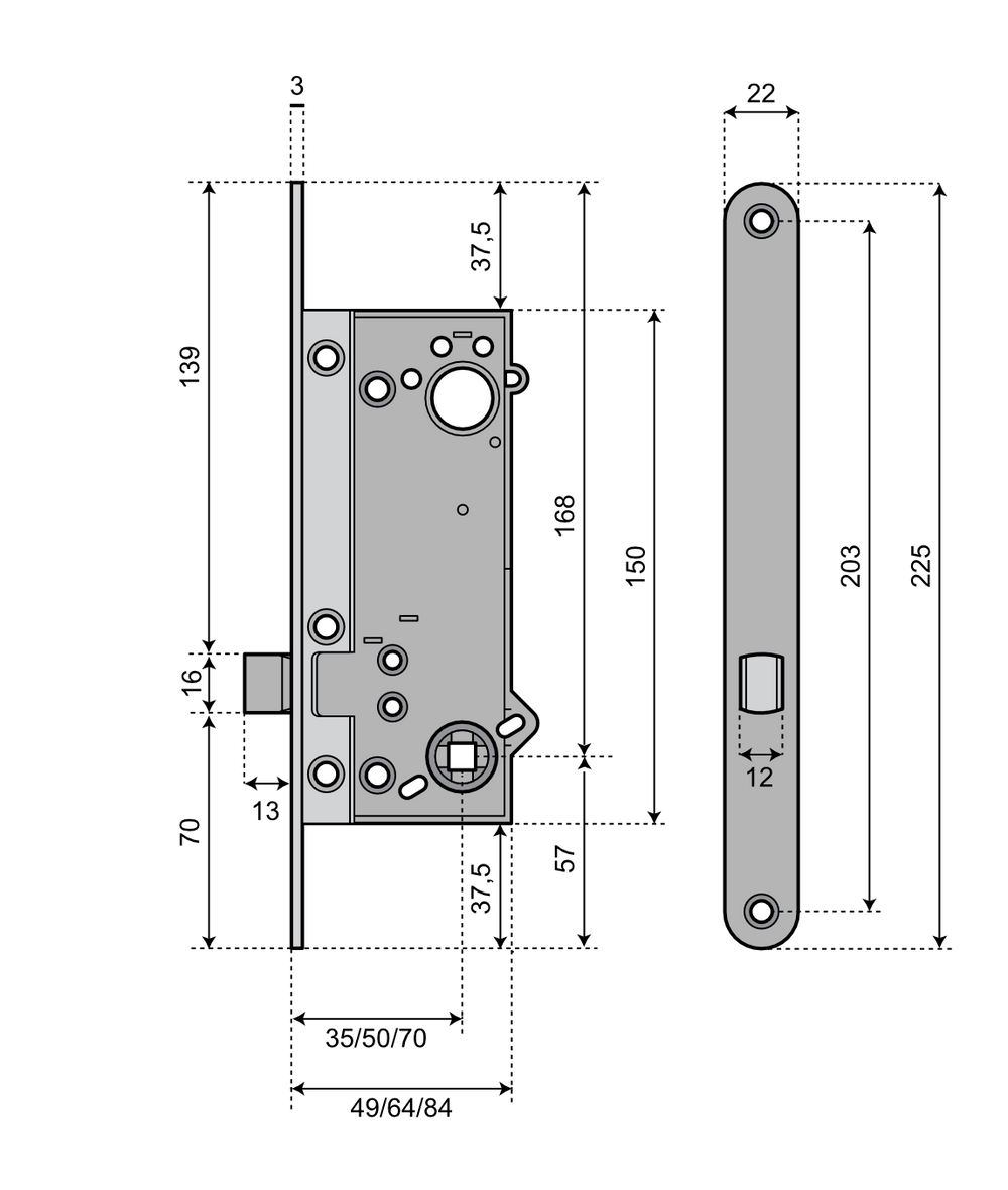 Låshus med tryckesfall ASSA 212 - Teknisk ritning med mått