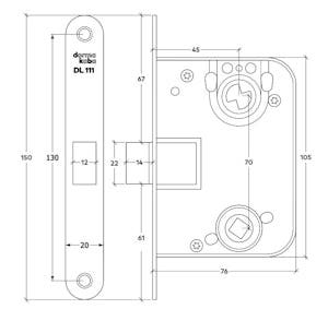 Cylinderlåshus till innerdörr/toalettdörr dormakaba DL111 - Teknisk ritning med mått
