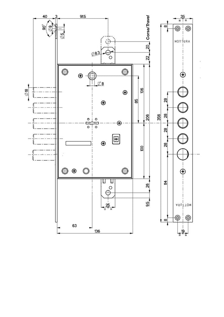 Låshus Mottura 52.783 - Teknisk ritning med mått