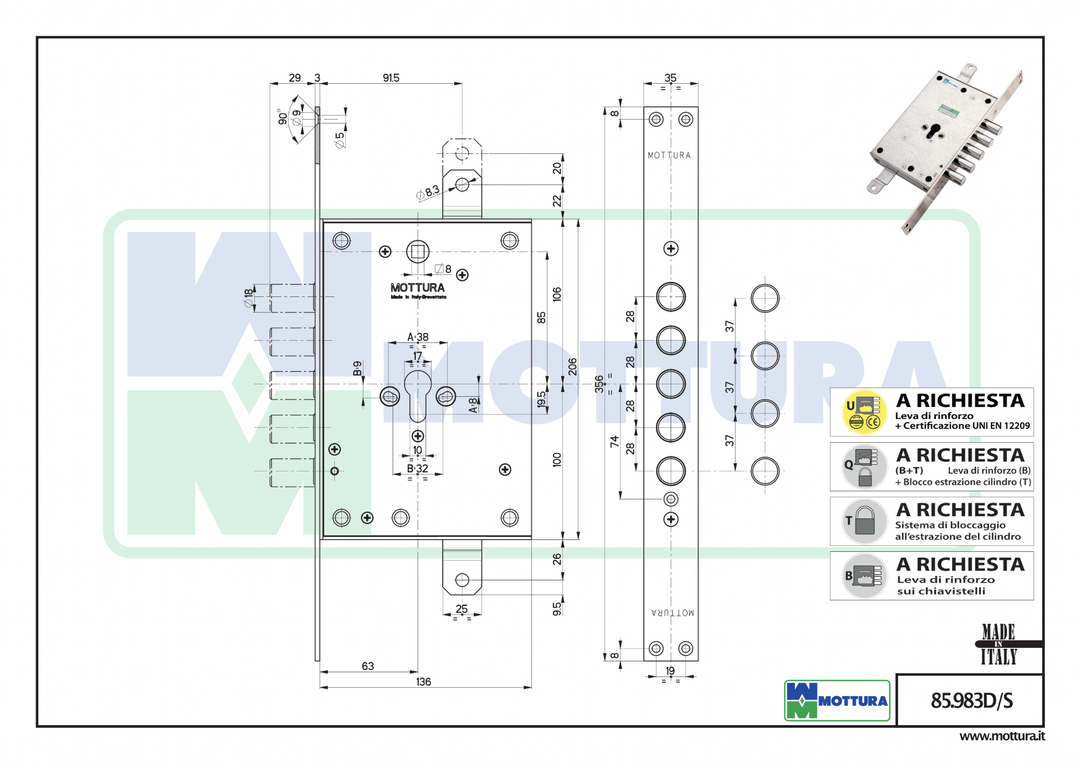 Cylinderlåshus Mottura 85.983 för Europacylinder - Teknisk ritning med mått