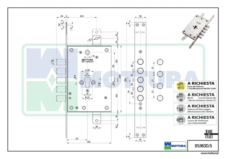 Cylinderlåshus Mottura 85.983 för Europacylinder - Teknisk ritning med mått