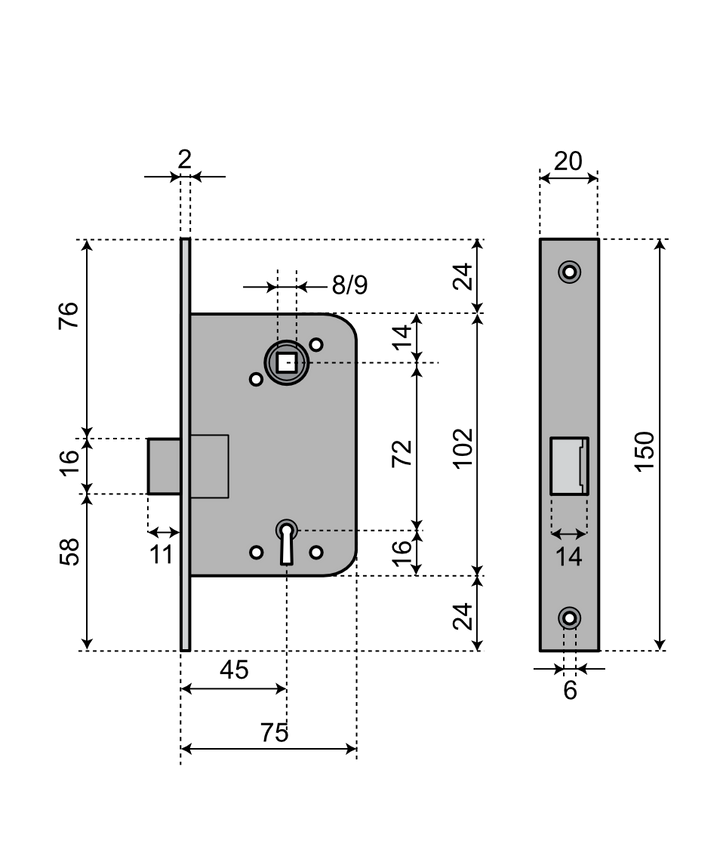 Låshus till innerdörr/toalettdörr ASSA 2020 - Teknisk ritning med mått