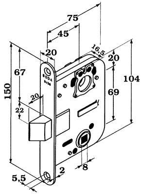 Cylinderlåshus till innerdörr ABLOY 9456 - Teknisk ritning med mått