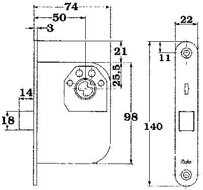 Cylinderlåshus ASSA 2580 - Teknisk ritning med mått