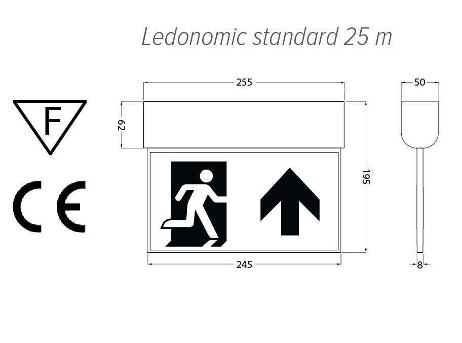 Nödutrymningsarmatur LedoNomic 25 m - Teknisk ritning med mått
