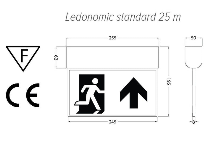 Nödutrymningsarmatur LedoNomic 25 m - Teknisk ritning med mått
