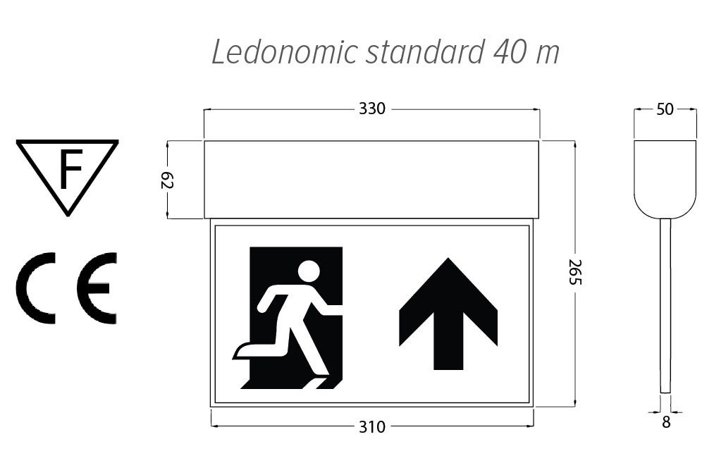 Nödutrymningsarmatur LedoNomic 40 m - Ritning med mått