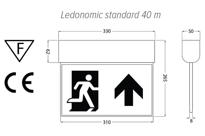 Nödutrymningsarmatur LedoNomic 40 m - Ritning med mått