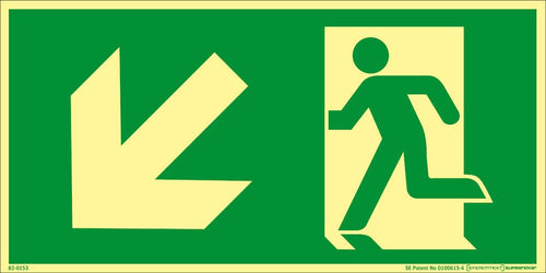 Färgefterlysande Nöd- och utrymningsskylt "Utrymningsväg ner till vänster" - Supernova®