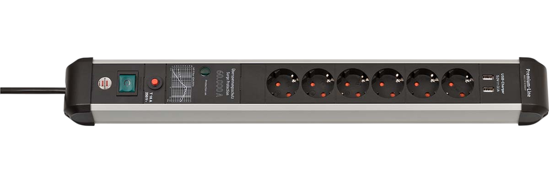 Överspänningsskydd Brennenstuhl Premium Protect Line 60.000A med 6 uttag och 2 USB