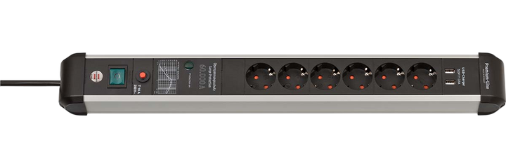 Överspänningsskydd Brennenstuhl Premium Protect Line 60.000A med 6 uttag och 2 USB