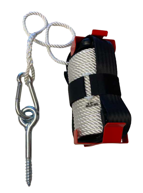 Räddningslina Escape Rope upp till 52 m med karbinhake, skruv och hållare