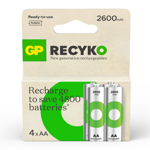 Uppladdningsbart batteri GP ReCyko AA / LR6 med 2600 mAh - 4-pack