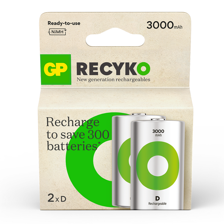 Uppladdningsbart batteri GP ReCyko D / LR20 med 3000 mAh - 2-pack