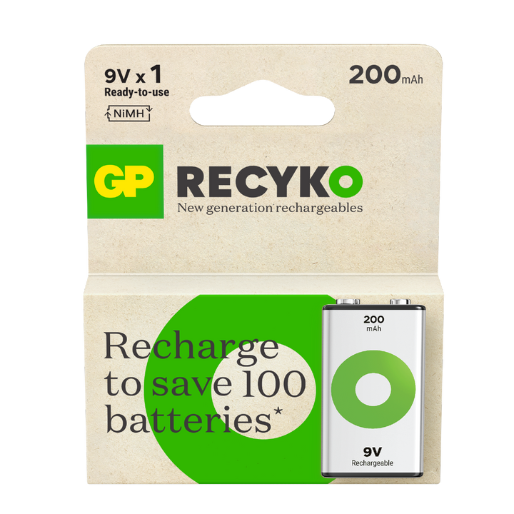 Uppladdningsbart batteri GP ReCyko 9V / 6F22 med 200 mAh
