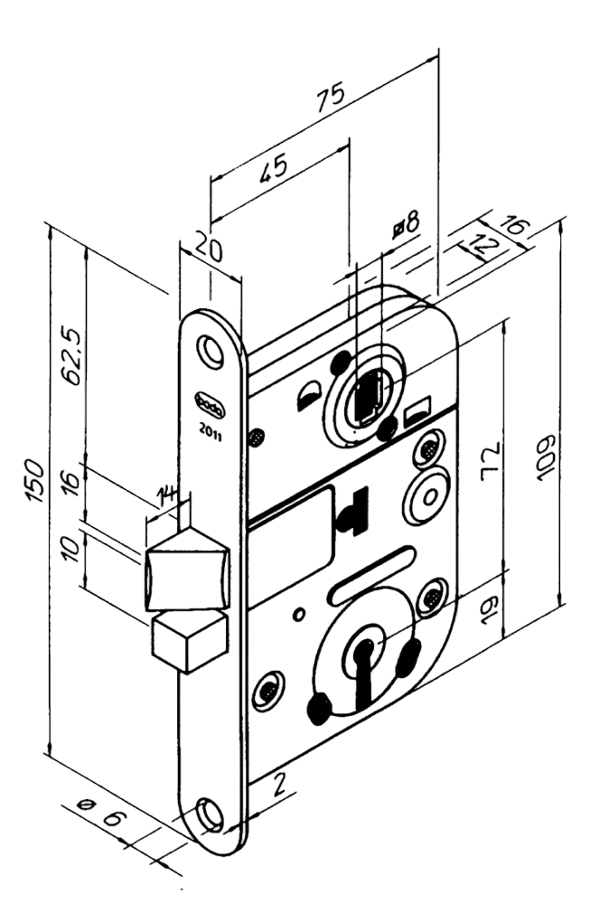 Ritning till låshus till innerdörr ABLOY 2011