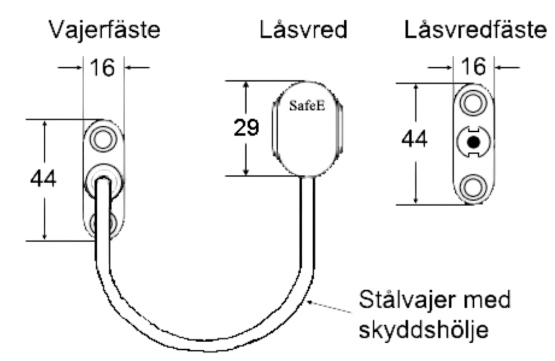 Barnskyddande säkerhetsvajer SafeE Click - Ritning med mått