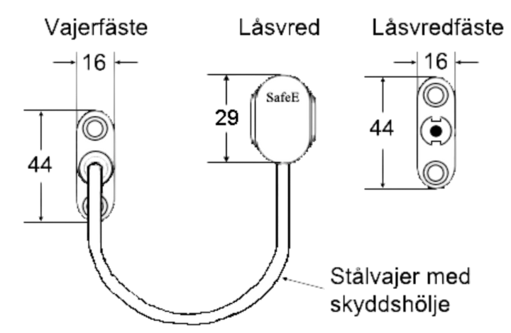 Barnskyddande säkerhetsvajer SafeE Click - Ritning med mått