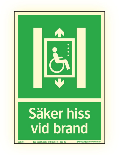 Färgefterlysande skylt "Säker hiss vid brand" - Supernova®