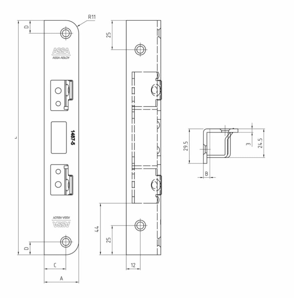 Godkänt slutbleck ASSA Connect 1487-5 Vinkel - Teknisk ritning med mått