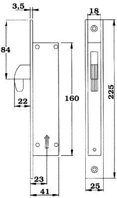 Godkänt tillhållarlåshus till smalprofildörrar ASSA 237 - Teknisk ritning med mått